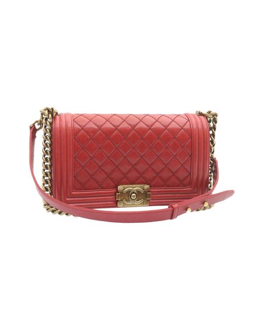 Chanel Red Boy Matelasse Chain Flap Shoulder Bag Leather Cc Auth Knn010