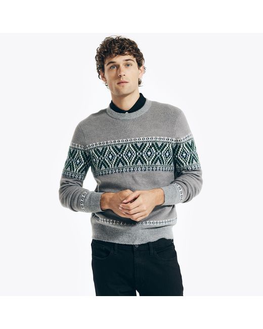 Nautica Gray Fair Isle Crewneck Sweater for men
