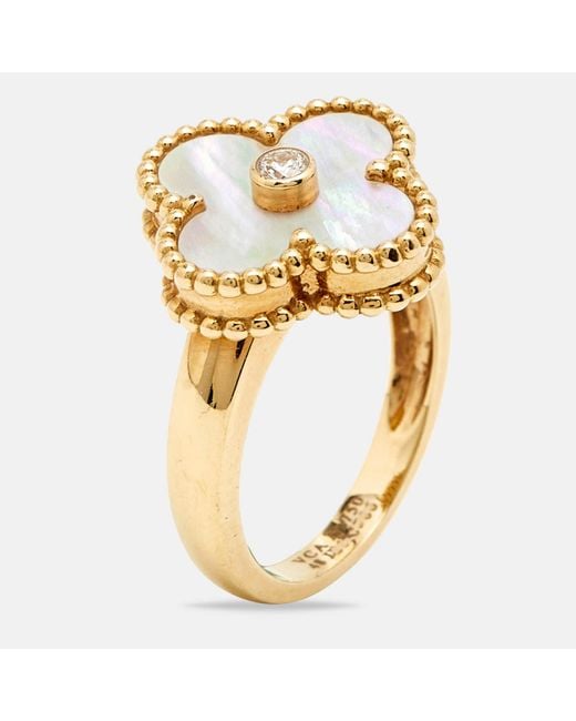 Van Cleef & Arpels Metallic Vintage Alhambra Mother Of Pearl Diamond 18k Gold Ring