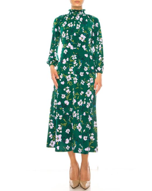 Maggy London Green Floral Mock Neck Midi Dress