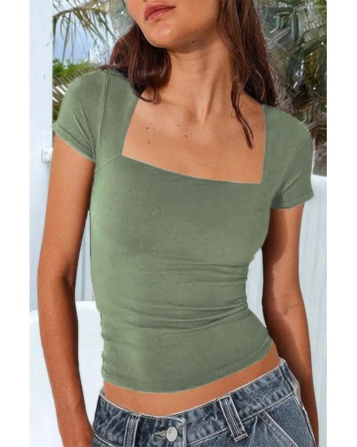 TRUEDAMES Green Square Neck Fit Elastic Short Sleeves Shirt