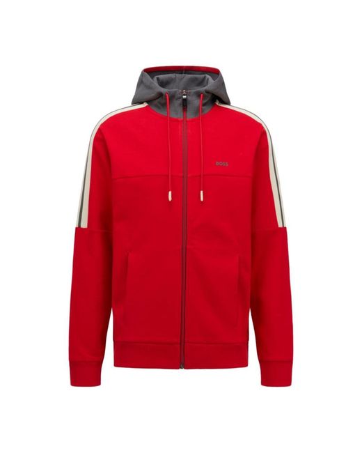 BOSS by HUGO BOSS Hugo - Cotton Blend Zip Up Hoodie With Striped Shoulder  Panels in Red for Men | Lyst