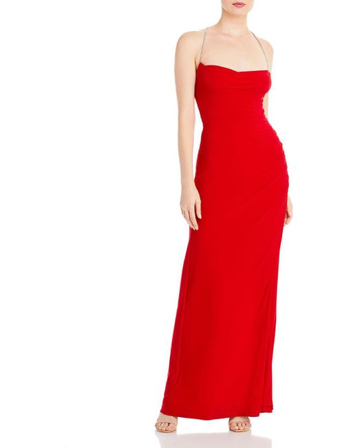 Aqua Red Embellished Halter Evening Dress