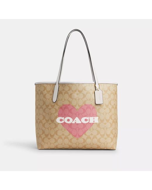 COACH Pink City Tote In Signature Canvas With Heart Print