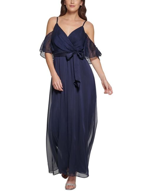 DKNY Blue Chiffon Cold Shoulder Evening Dress