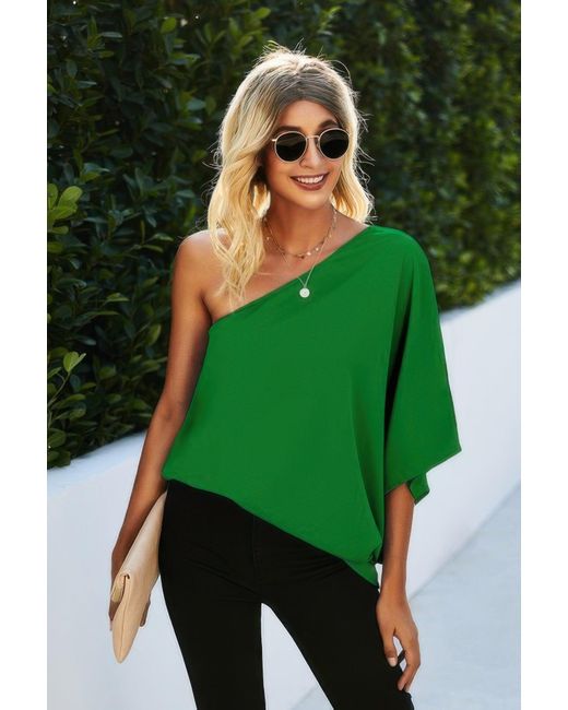 TRUEDAMES Green One Shoulder Solid Loose Top