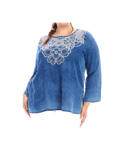 Karen Kane Women's Embroidered Gauze Tunic – Long Sleeve Split Neck Top With Tassel Ties