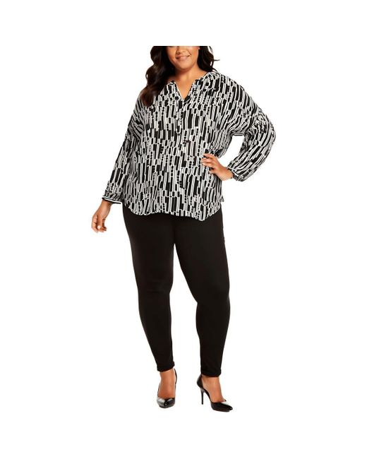 NYDJ Black Plus Paulina Printed Polyester Peasant Top