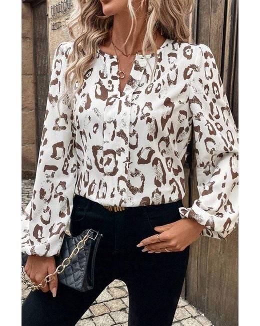 TRUEDAMES Gray Leopard Print Split Neck Balloon Sleeve Blouse