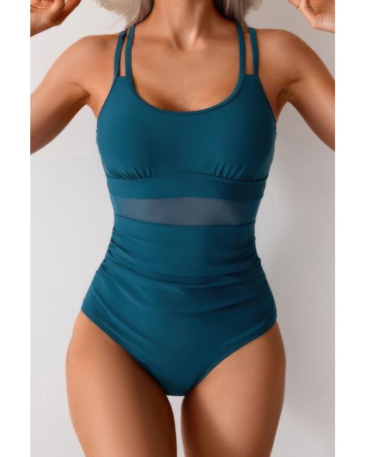 TRUEDAMES Women's Blue Solid Square Beck Double Strap Mesh Swimsuit