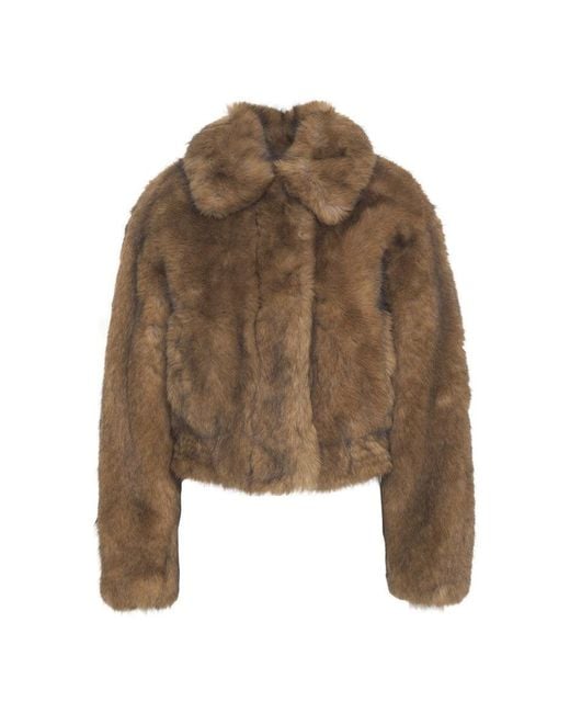 Stand Studio Brown Cropped Faux Fur Jacket With Rounded Collar