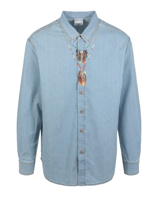 Marcelo Burlon Blue Feather Necklace Denim Shirt for men