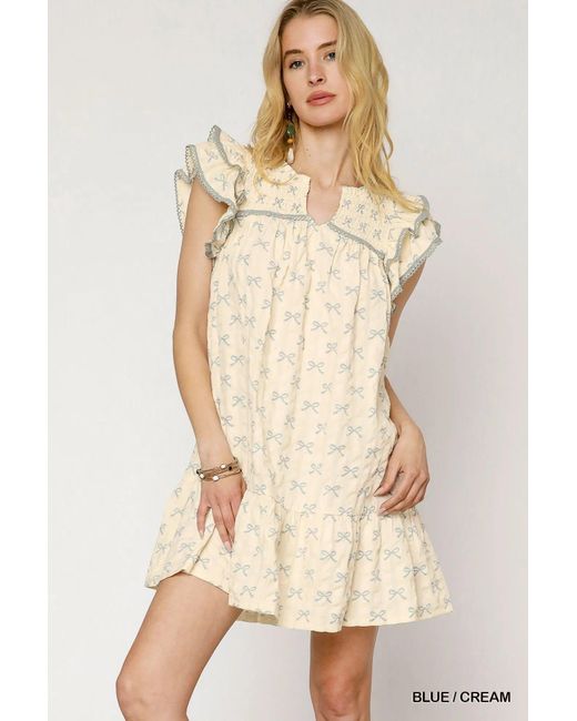 TRUEDAMES Natural Bow Print Ruffled Cap Sleeve Mini Dress