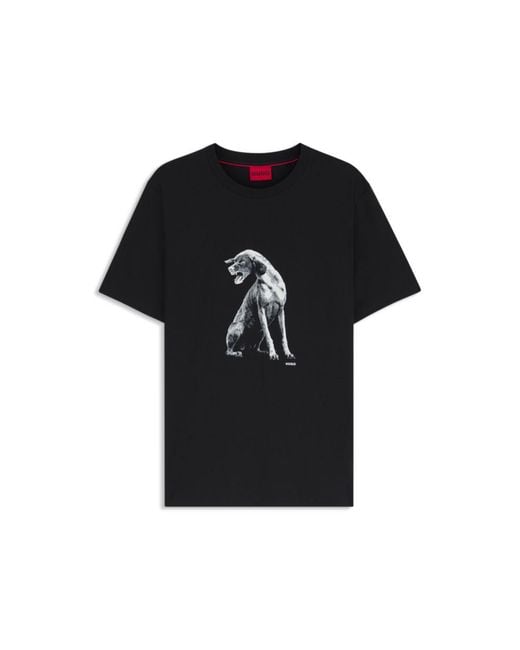 HUGO Black Cotton-Jersey T-Shirt With Dog Artwork for men