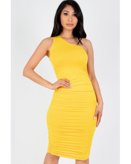 TRUEDAMES Yellow Fashnzfab Sexy Solid Color Ruched One Shoulder Midi Bodycon Dress