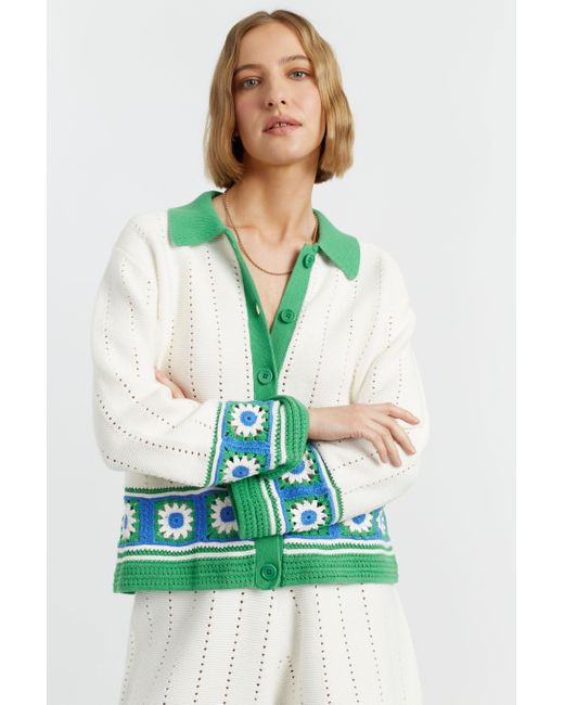 Chinti & Parker Green Cream Cotton Hand Crochet Shirt