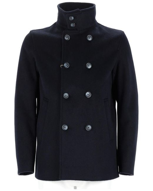 Herno Blue Double-Breasted High Stand Collar Polyester-Blend Coat for men