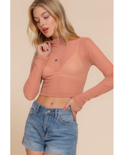 Fashnzfab Blue Long Sleeve Mock Neck Mesh Top