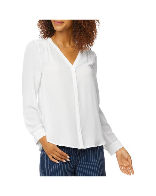 NYDJ White Smocked Polyester Button-Down Top