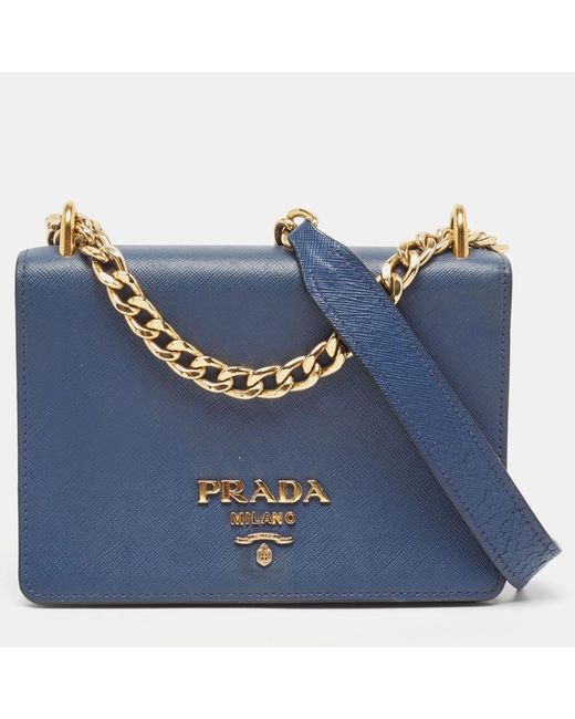 Prada Blue Saffiano And Soft Leather Chain Flap Shoulder Bag