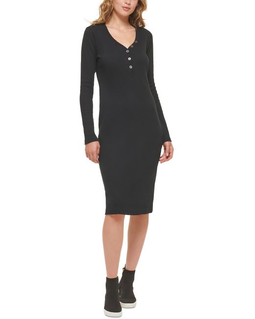 DKNY Black Henley Neckline Long Sleeve Midi Dress
