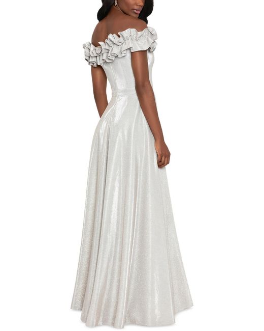 Xscape White Petites Metallic Ruffled Evening Dress