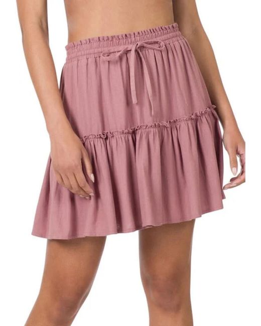 Zenana Red Soft Linen Drawstring Ruffle Mini Skirt