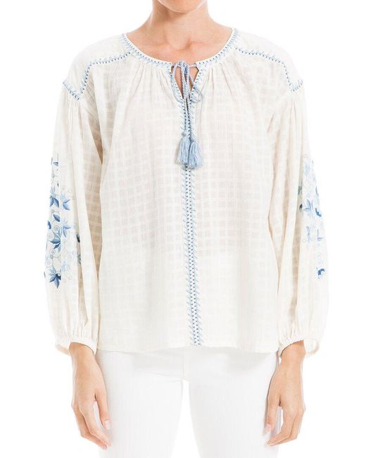 Max Studio White Embroidered Long Bubble Sleeve Top
