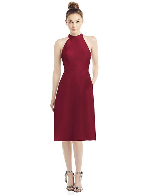 Alfred Sung Red High-neck Open-back Satin Cocktail Dress