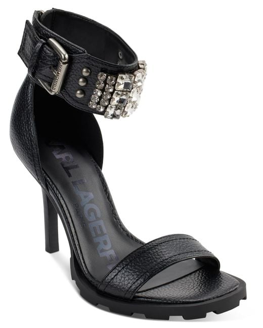 Karl Lagerfeld Black Faux Leather Ankle Strap Heels