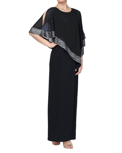 Alex Evenings Black Long Asymmetrical Cape Overlay Dress