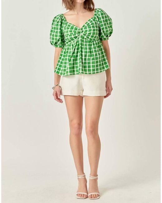 English Factory Green Gingham Twisted Puff Sleeve Top