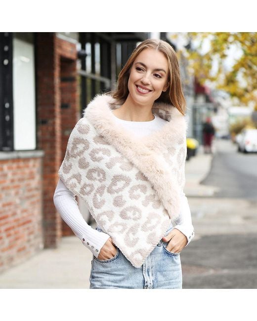 TRUEDAMES White Faux Fur Trim Leopard Pattern Shawl Wrap