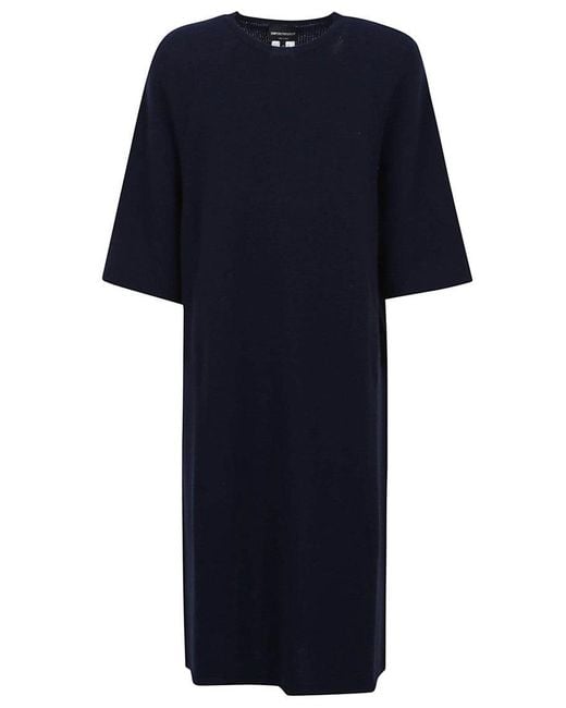 Emporio Armani Blue Midi Dress With Round Neck And Short Sleeves