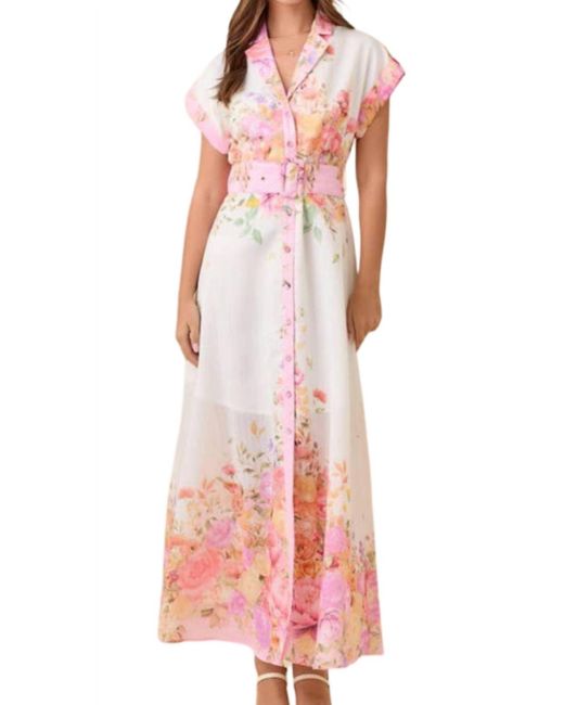 Main Strip Pink Floral Print Lapel Collar Button Down Maxi Dress