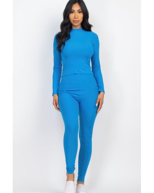 TRUEDAMES Blue Ribbed Mock Neck Long Sleeve Top & Leggings Set