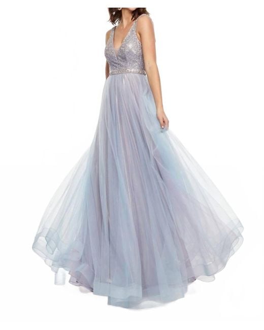 Rachel Allan Blue Tulle A-Line Prom Gown With Ab Stones