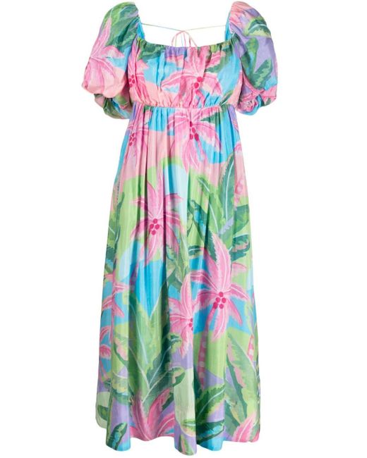 Farm Rio Blue Floral-print Short-sleeve Midi Dress
