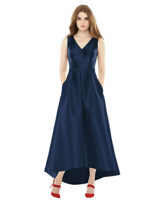 Alfred Sung Blue Sleeveless Pleated Skirt High Low Dress With Pockets