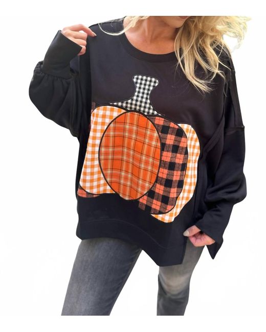 Bibi Blue Pumpkin Patch Plaid Terry Sweatshirt