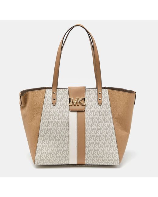 Michael Kors White Vanilla/tan Siganture Coated Canvas And Leather Karlie Tote