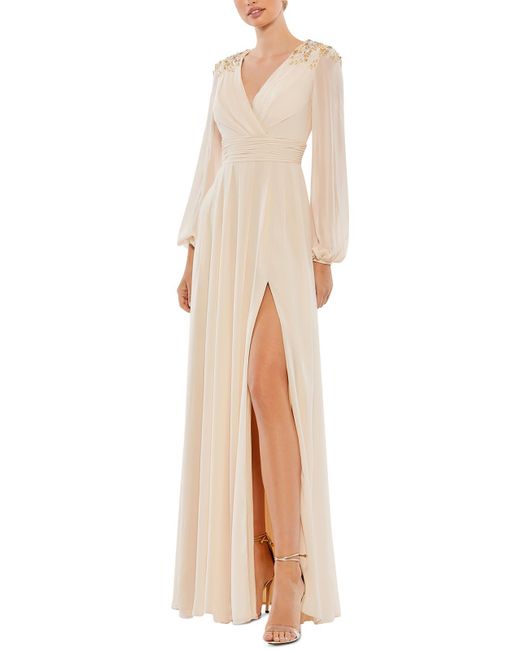 Ieena for Mac Duggal Natural Embellished Long Evening Dress