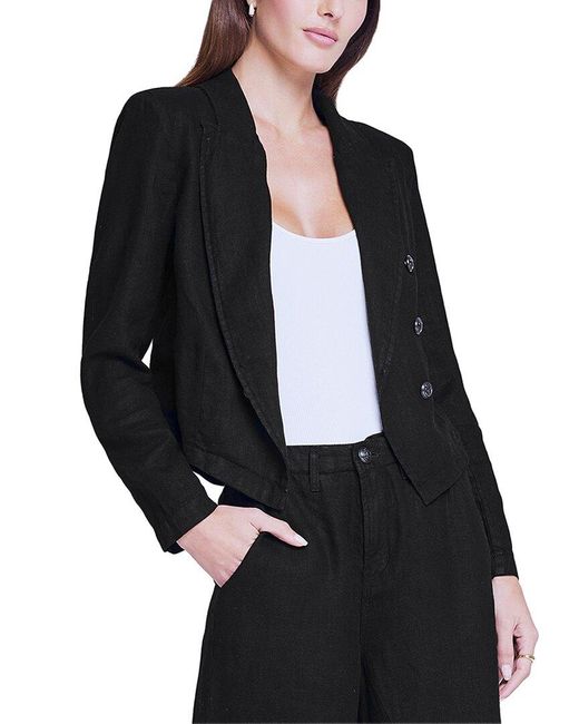 L'Agence Black Wayne Crop Double-Breasted Linen Jacket