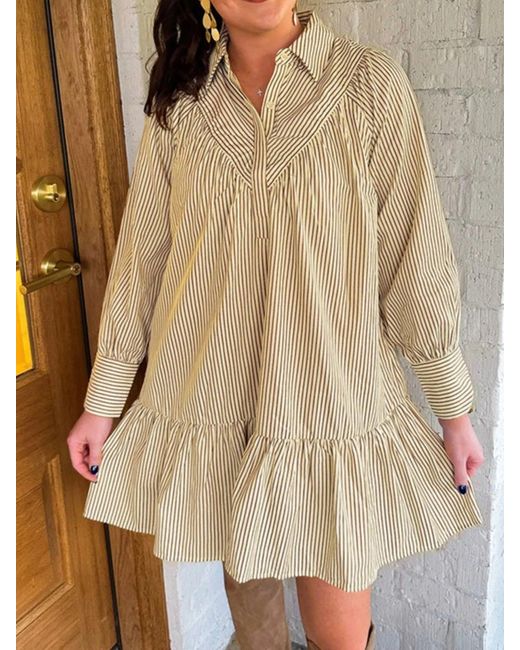 TRUEDAMES Natural Stripe Collared Neck Cuffed Long Sleeve Drop Waist Mini Dress