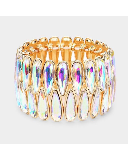 Fashnzfab Metallic 2Rows Elongated Teardrop Stone Cluster Stretch Evening Bracelet Ab