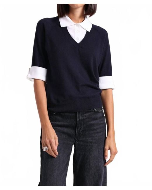 Minnie Rose Black Cotton Cashmere Short Sleeve V Neck With Collar