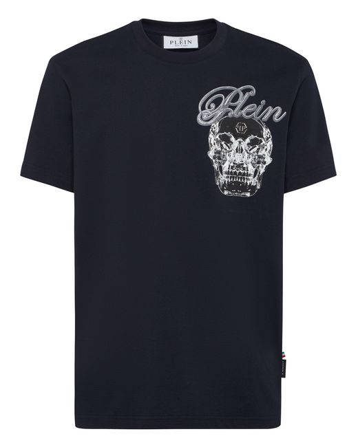 Philipp Plein Blue Round Neck T-Shirt Glass Skull for men