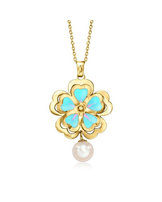 Ross-Simons Metallic Italian Blue And Pink Enamel Flower Pendant Necklace With 6.5mm Cultured Pearl
