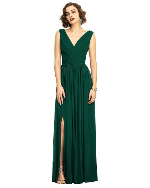 Dessy Collection Green Sleeveless Draped Chiffon Maxi Dress With Front Slit