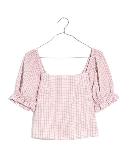 Madewell Pink Seersucker Hopewell Top Provence Grape Puff Sleeve Crop Red37